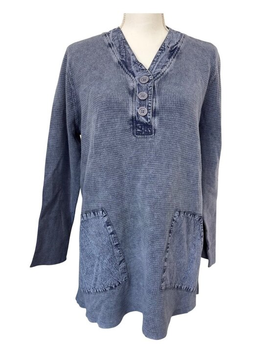 Pbj Blues Tops - PBJ Blues Womens Indigo Tunic Shirt M/M Y2K Cottage Waffle Knit Stretch Comfort